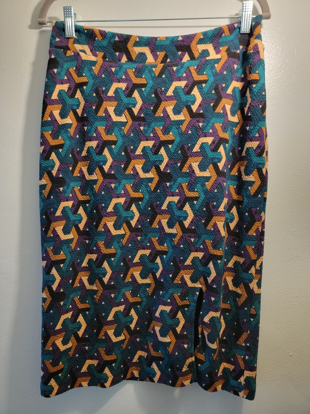 Maeve Geometric Pencil Skirt in Teal, Mustard & Purple